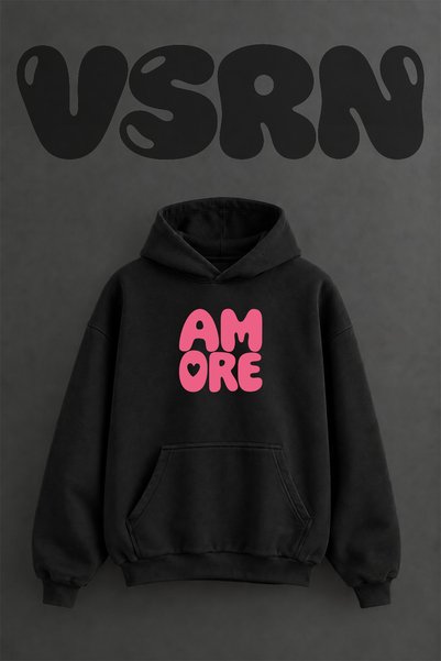 VSRN سويت شيرت أسود كبير الحجم بقلنسوة وطباعة أمامية بتصميم Amore Heart