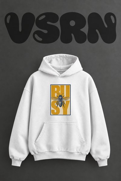 VSRN Busy Bee Design Pre-Printed Oversize White Hooded Sweatshirt