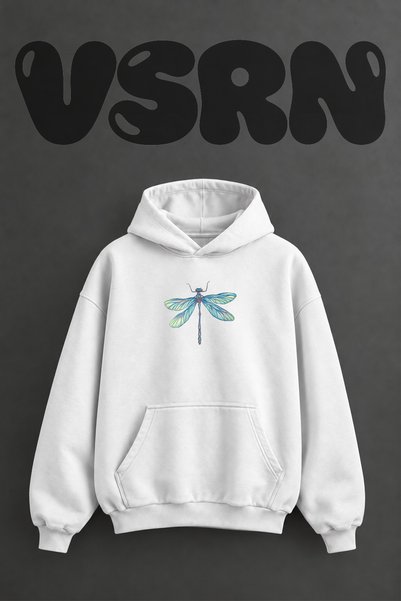 VSRN Colorful Dragonfly Design Pre-Printed Oversize White Hooded Sweatshirt