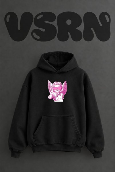 VSRN سويت شيرت بقلنسوة أسود كبير الحجم بتصميم Pink Cherub مطبوع من الأمام
