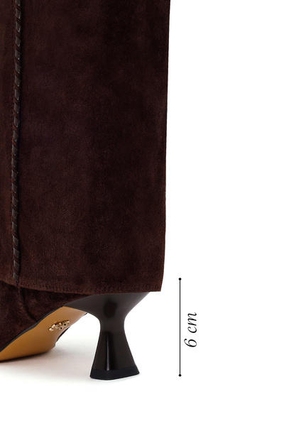 Derimod Women's Brown Heeled Suede Leather Boots Af530016Ds