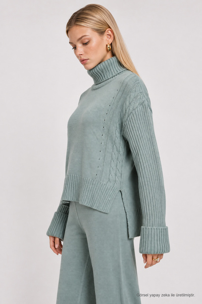 Lovelyİstanbul Turtleneck Top and Bottom Knitwear Set Las0011 Mint Green