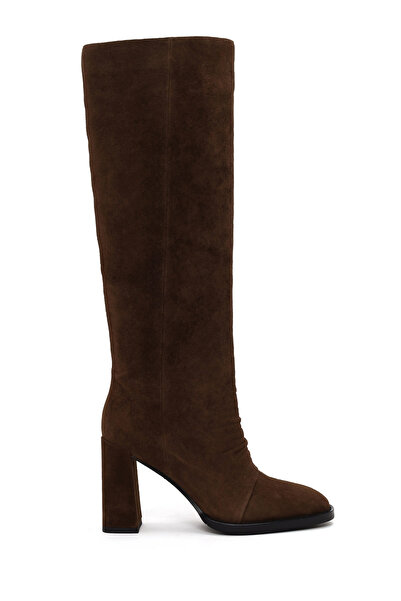 Derimod Women's Brown Thick Heeled Suede Leather Boots Af530010Ds
