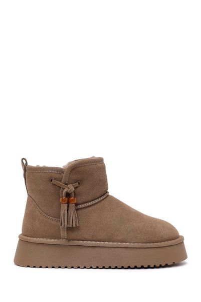 Derimod Women's Mink Thick Soled Suede Leather Teddy Boots Wf530038Ds