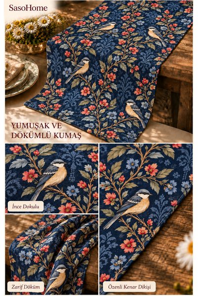 SasoHome Midnight Garden Kuş & Çiçek Desenli Lacivert Dekoratif Masa Runner | Vintage Botanik Şık Sofra Dekoru