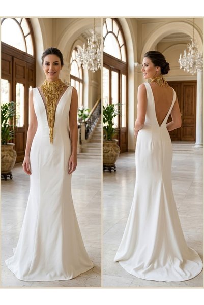 JABO WEDDİNG HOUSE ABİYE 38 BEDEN KREM BORU PUL VE BONCUK DETAYLI BALIK MODEL