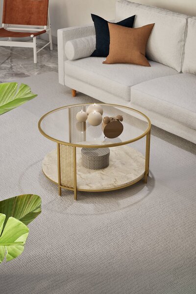 Sovi Design Freya Gold Yuvarlak Camlı Orta Sehpa 80x45 cm Modern Metal Ayaklı...