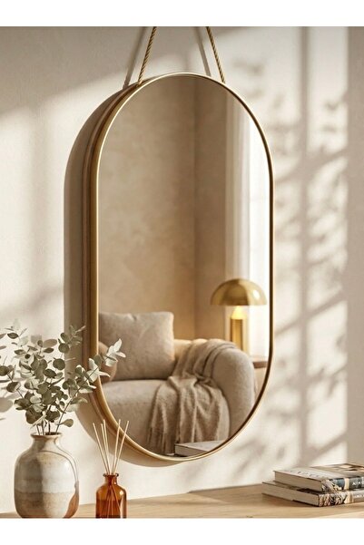 Gold Metal Çerçeveli Oval Duvar Aynası – Halat Askılı Dekoratif Boy & Makyaj Aynası