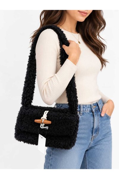 Glamura Lashes Women's Shoulder Bag with Curly boucle Teddy Fur Flap, Olive B...