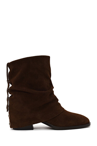 Derimod Women's Brown Thick Heeled Suede Leather Boots Af530027Ds