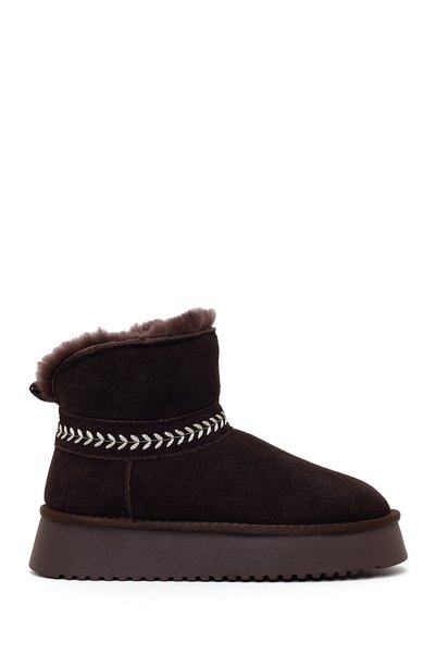 Derimod Women's Brown Thick-Soled Suede Leather Teddy Boots Wf530039Ds