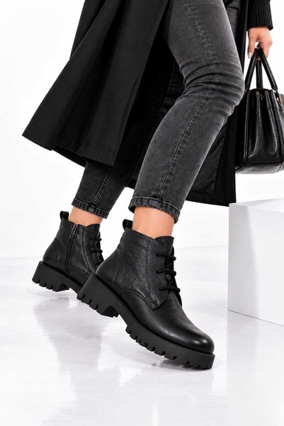 EREN SHOES BAG Venedi̇k Genuine Leather Floter Lace-Up - Zippered Serrated Non-Slip Sole Daily Comfortable Ankle Boots Real Leather