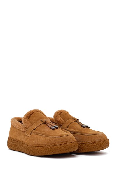 Derimod Women's Camel Buckle Thick Sole Suede Leather Teddy Loafer Wf530041Ds