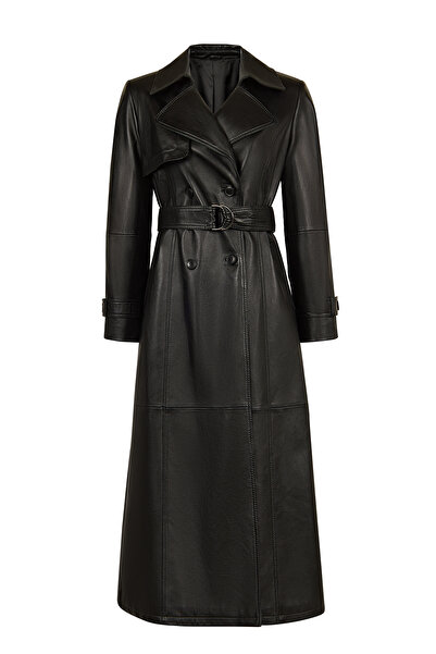 Derimod Isabel Women's Black Double-Breasted Collared Leather Top Coat 26Wge5...