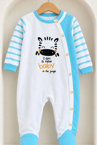 Tuğra Bebe 100% Cotton Baby Boy Set of 3 – Zebra Patterned Romper with Booties, Snap-On Bodysuit and Baby Bib