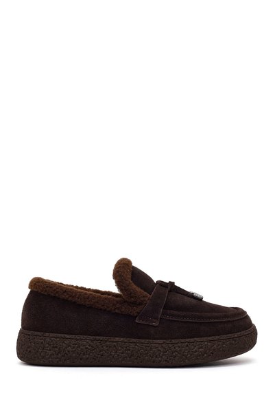 Derimod Women's Brown Buckle Thick Sole Suede Leather Teddy Loafer Wf530041Ds