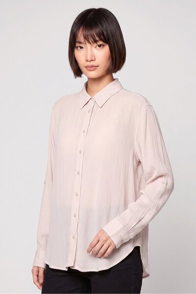 Magaschoni Women Spread Collar Long Sleeve Plain Shirt, Beige