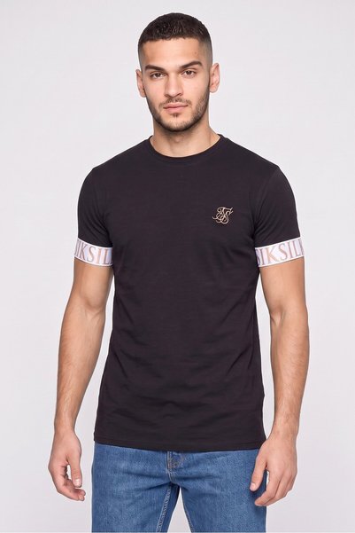 Siksilk Men Crew Neck Short Sleeve Embroidered Logo T-Shirt, Black