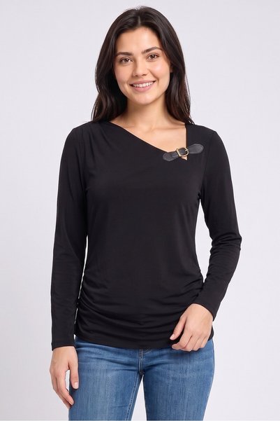 Adrienne Vittadini Women Asymmetrical Neck Long Sleeve Plain Top, Black