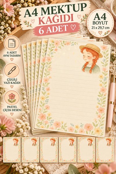PAMEPAW Pastel Çiçekli Kız Temalı A4 Mektup Kağıdı – 6 Adet