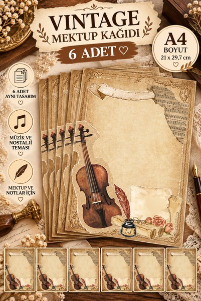 PAMEPAW Vintage Keman Temalı A4 Mektup Kağıdı – 6 Adet