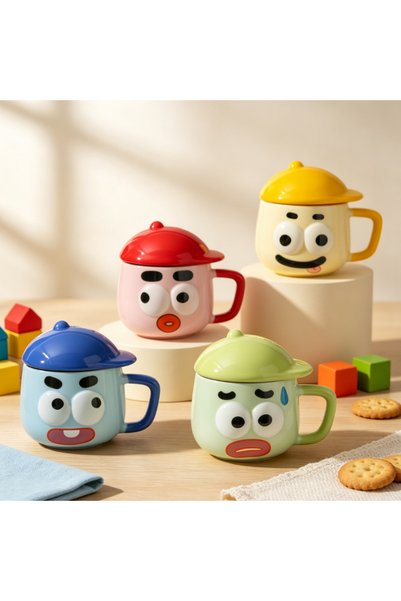 idei Ceramic mug with cap-shaped lid and funny face, 350ml, coffee mug with h...