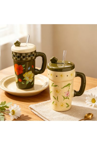 idei Cana decorativă ceramică stil grădină florală, 500ml, cană cu pai și mân...