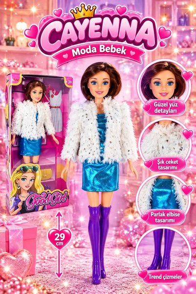 cayenna 29 cm Parlak Elbiseli Şık Ceketli ve Uzun Çizmeli Moda Bebek Modelleri