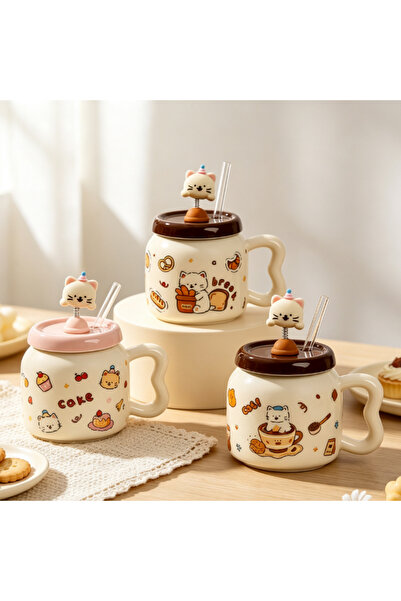 idei Cream ceramic mug with wavy handle and cat figurine on the lid, volume 4...
