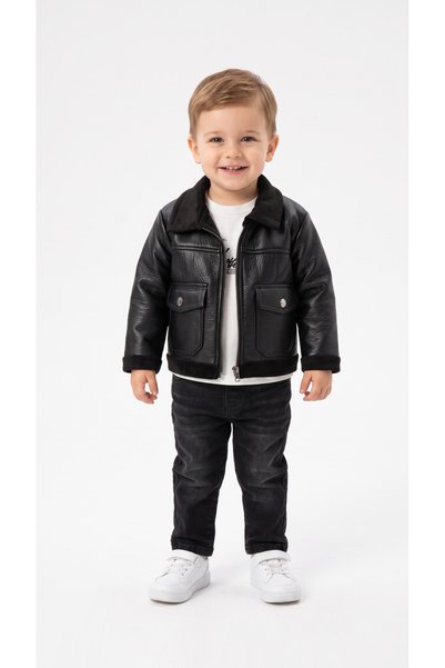 Mışıl Kids Baby Boy Top and Bottom Set with Leather Jacket