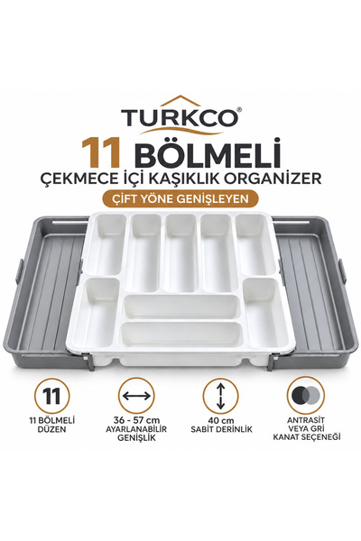 Turkco 11 Bölmeli Çekmece İçi Kaşıklık Organizer Çift Yöne Genişleyen 40 x 36-57 cm Beyaz-Gri