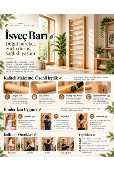 DizyWood Barfiksli Ahşap İsveç Merdiveni Espalder 9 Basamak Duvar Tipi 180x65 cm