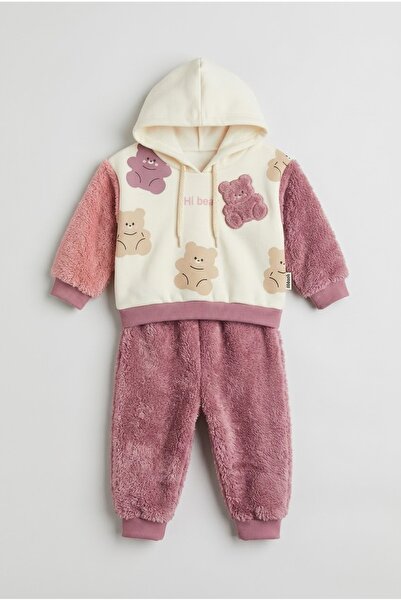 zumino Baby Teddy Bear Printed Plush Detailed Hooded Tracksuit Set Unisex