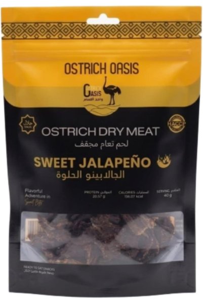 Mayamen Oasis Ostrich Dry-Meat Biltong Sweet Jalapeño 40g - Naturally cured and Air-Dried 100% Halal High in Protein Low in Fat & Keto Diet – Lean, Spiced Meat Snack Like Jerky – Gluten & preservative-free.