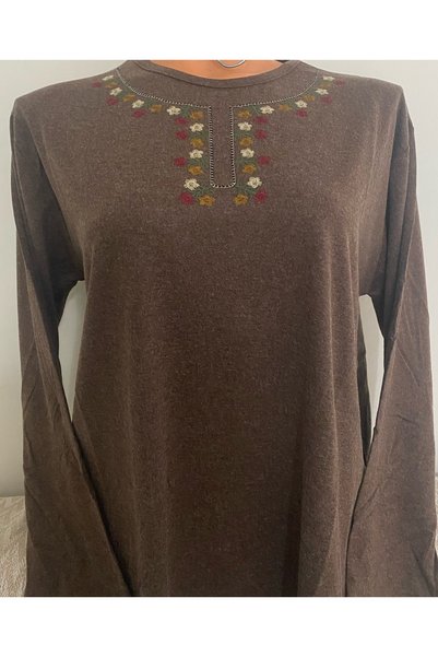 Anne Er Clothing Winter Combed Cotton Blouse Long Sleeve Crew Neck Embroidery A.Coffee