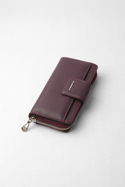 CENGİZ PAKEL Genuine Leather Women's Wallet with Horizontal Zipper and Magnet, Plum - 65280