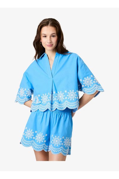 French Connection Women's Poolside Blue-White Alissa Cotton Embroid Popover
