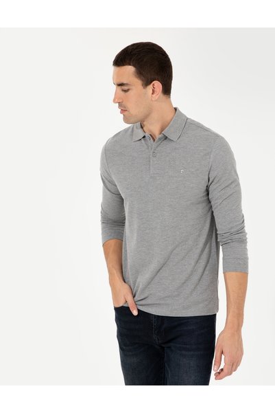 Pierre Cardin Gray Melange Slim Fit 100% Cotton Buttoned Polo Collar Basic Sw...