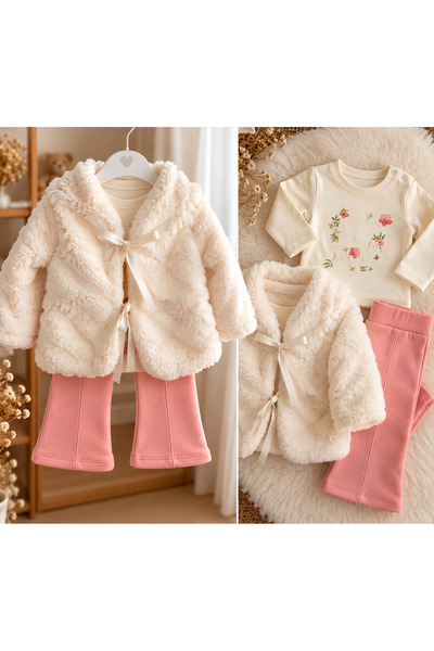Hilora Baby Kids Krem Peluş Ceket & Pudra Pembe Pantolon Takım 3’lü