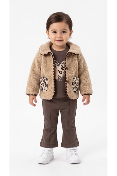 Mışıl Kids Collared, Pocket Detailed, Leopard Patterned Triple Baby Girl Set