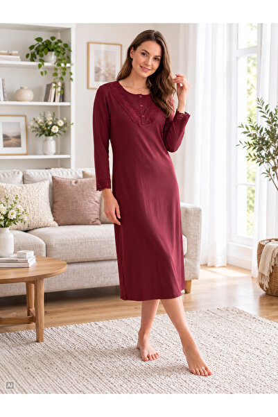 FLZ Women's Viscose Nightgown Long Sleeve Lace Detailed Below Knee Stylish Homewear 39-41