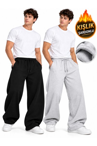 yx yustex sport 2 Adet Erkek Kışlık İçi Şardonlu Eşofman Altı (Siyah-Gri) 2 A...