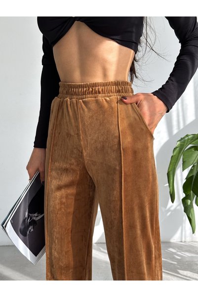 MAİMODA Women's High-Waist Velvet Baggy Pants with Topstitch