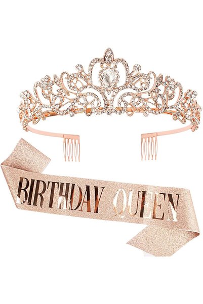 Arabest Rose Gold Birthday Queen Sash & Rhinestone Tiara Set, Birthday Crown ...