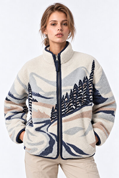 Mixray 4981 Hanorac din fleece cu textură moale, cu buzunare, cu imprimeu Păd...