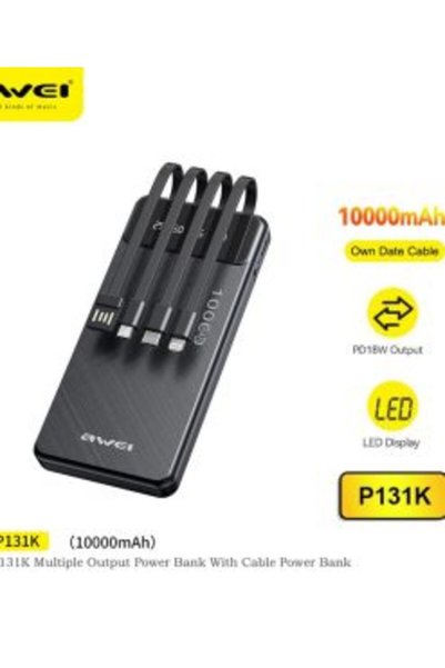 AWEI Powerbank 10000 mAh με Ενσωματωμένα Καλώδια Φόρτισης και Θύρα USB-C P131...