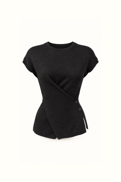 Sezgi Tekin Button Detail Asymmetrical Black Knitwear Blouse