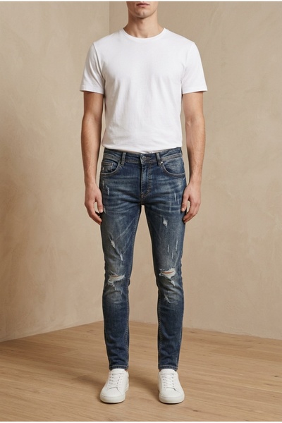 OEM Blugi barbati casual regular fit cu rupturi la genunchi si efect prespala...