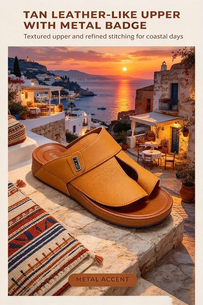 ArabTread Men's Daily Sandals – Cross Embossed Strap & Gold-Frame Metal Plate