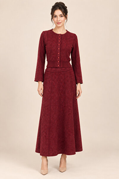 2TRENDY Women's Burgundy Two-Piece Set Short Buttoned Blouse and Long Skirt